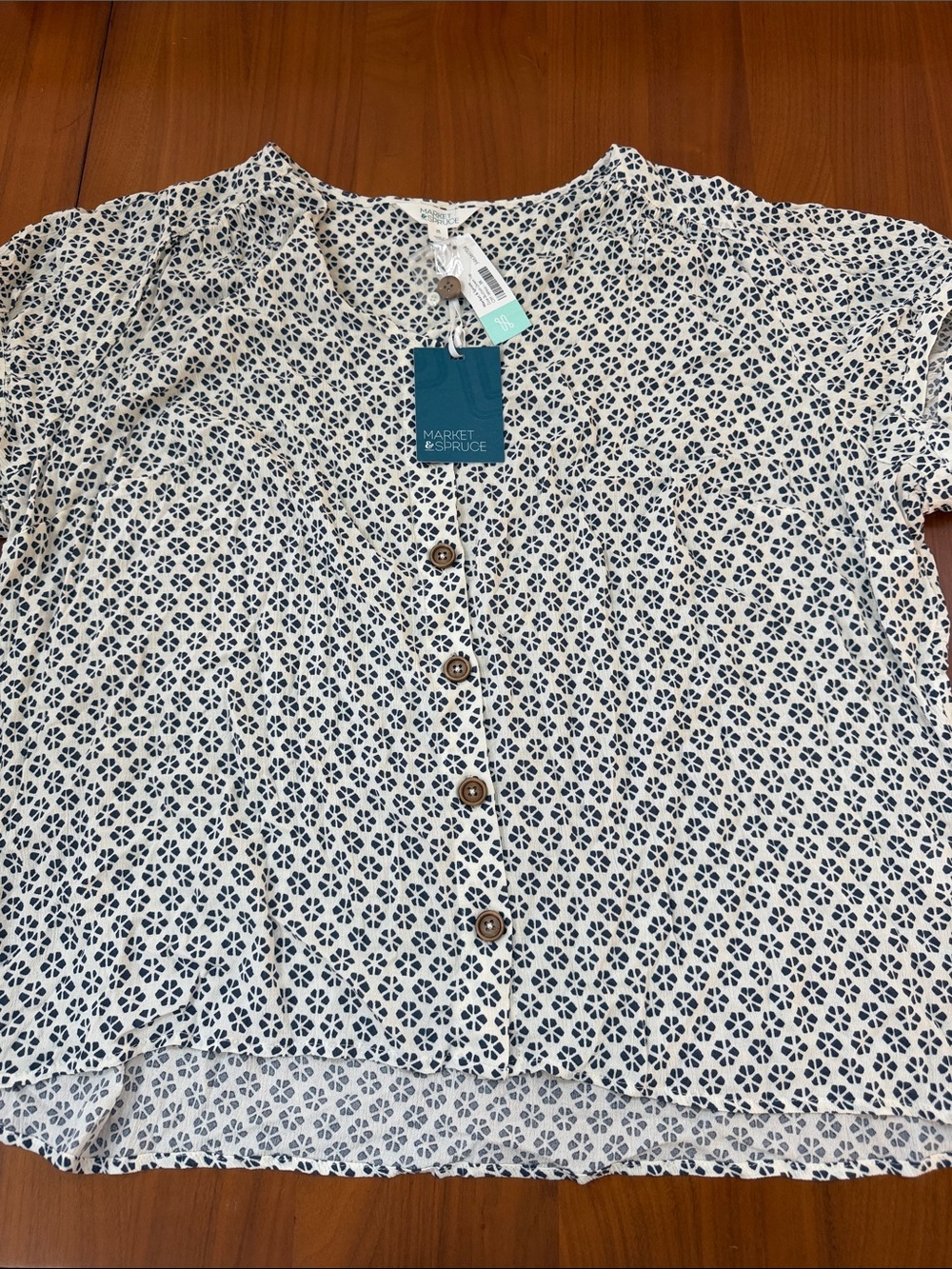 NWT 3X: Market & Spruce White and Navy Floral-Print Button Front Top